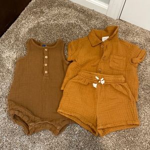 Old Navy Muslin Romper and Little Co. Top and Bottom Set. 9-12m. and 12-18m.